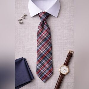 Mens Stafford Plaid Silk Tie Red Blue Gray Classic 3” Width Preppy Ivy Style